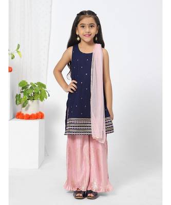 Embroidered Navy Blue Sharara set fro Girls 1