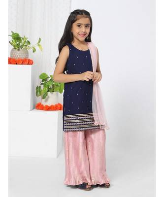Embroidered Navy Blue Sharara set fro Girls 3