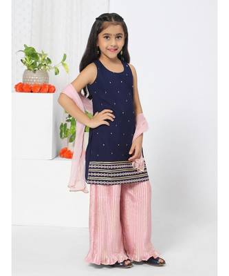 Embroidered Navy Blue Sharara set fro Girls 5