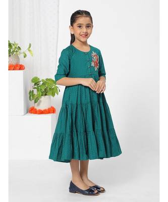 Floral Patch Olive Dress for Girls 3