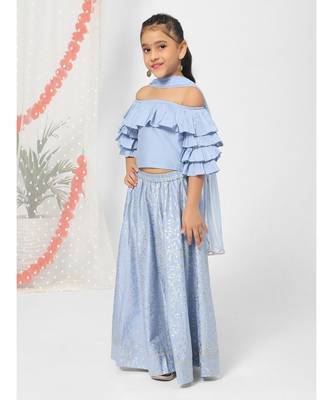 Ruffled Sleeve Blue Lehenga Choli for Girls 2