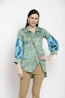 Blue printed cotton short-kurtis