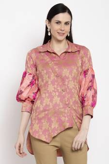 Pink printed cotton short-kurtis