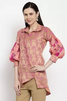 Pink printed cotton short-kurtis