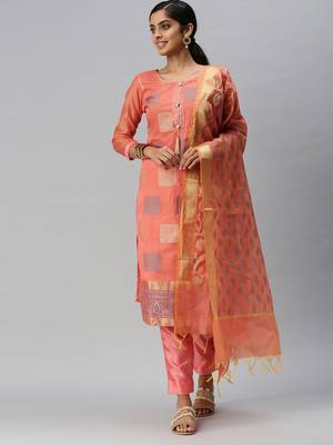 Kimisha Women's Orange Banarasi jacquard Woven Work Semi-stitched Dress Material With Inner 1