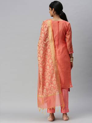Kimisha Women's Orange Banarasi jacquard Woven Work Semi-stitched Dress Material With Inner 2