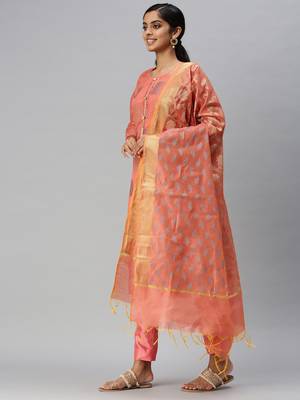 Kimisha Women's Orange Banarasi jacquard Woven Work Semi-stitched Dress Material With Inner 4