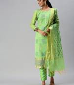 Kimisha Women's Parrot Green Banarasi Jacquard Woven Work Semi-stitched Dress Material With Inner