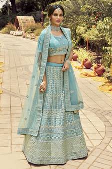 Enchanting Turquoise zarkan, gota, zari, and resham embroidered organza semi stitched wedding lehenga
