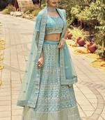 Enchanting Turquoise zarkan, gota, zari, and resham embroidered organza Semi Stitched wedding Lehenga