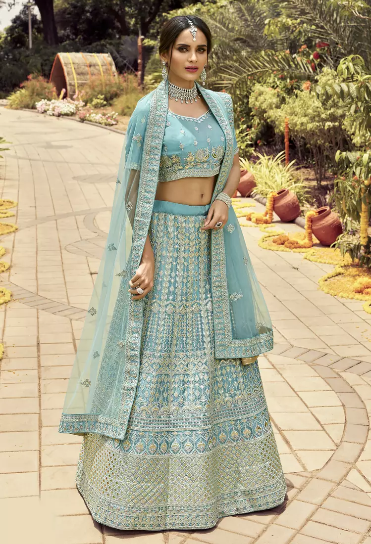 Enchanting Turquoise zarkan, gota, zari, and resham embroidered organza semi stitched wedding lehenga