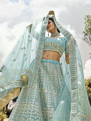 Enchanting Turquoise zarkan, gota, zari, and resham embroidered organza Semi Stitched wedding Lehenga 2