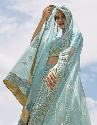 Enchanting Turquoise zarkan, gota, zari, and resham embroidered organza Semi Stitched wedding Lehenga 3