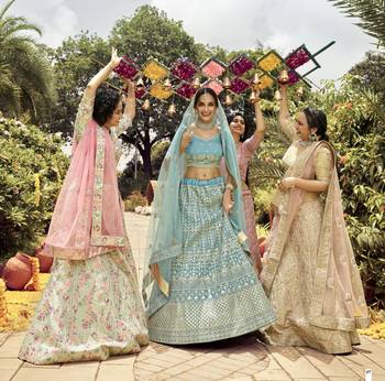 Enchanting Turquoise zarkan, gota, zari, and resham embroidered organza Semi Stitched wedding Lehenga 4