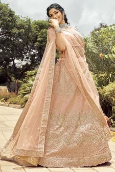 Mesmerizing Peach dori, zari, and resham embroidered organza semi stitched wedding lehenga