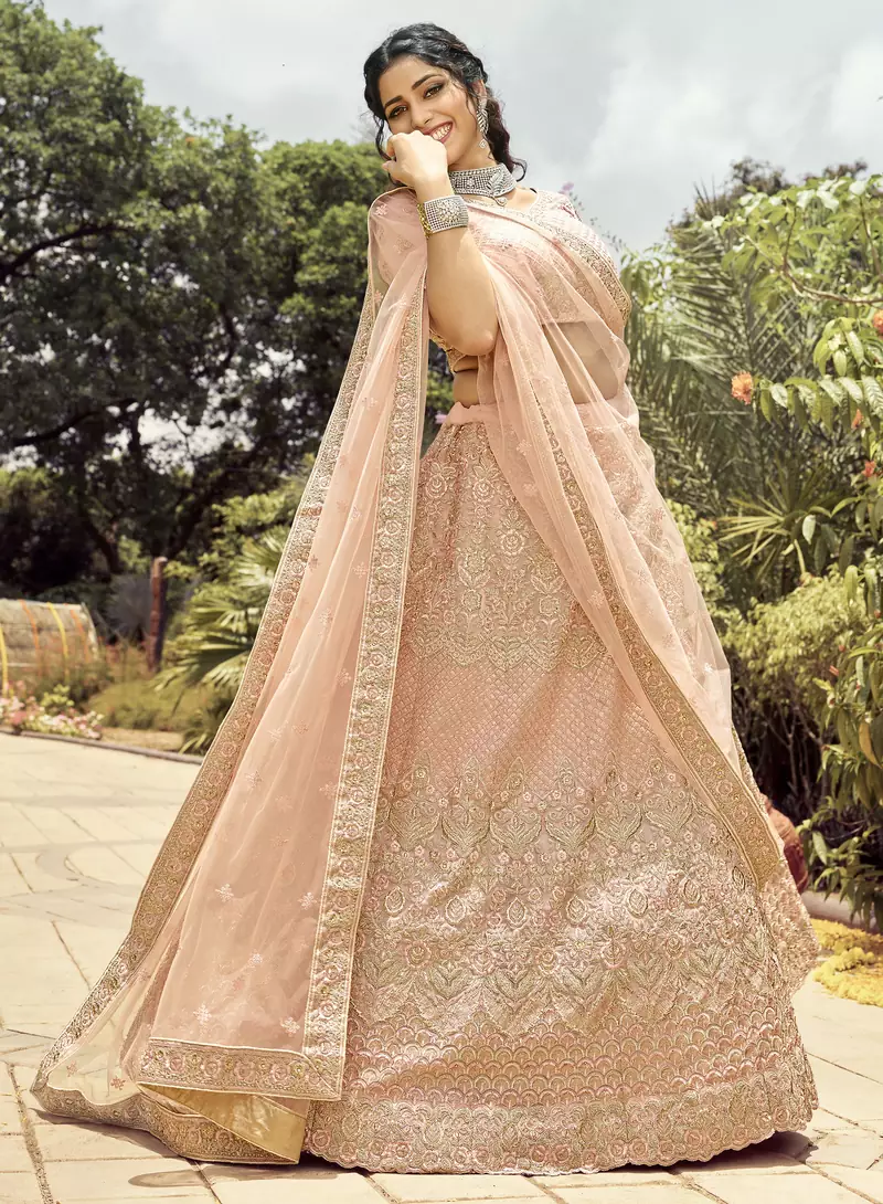 Mesmerizing Peach dori, zari, and resham embroidered organza semi stitched wedding lehenga
