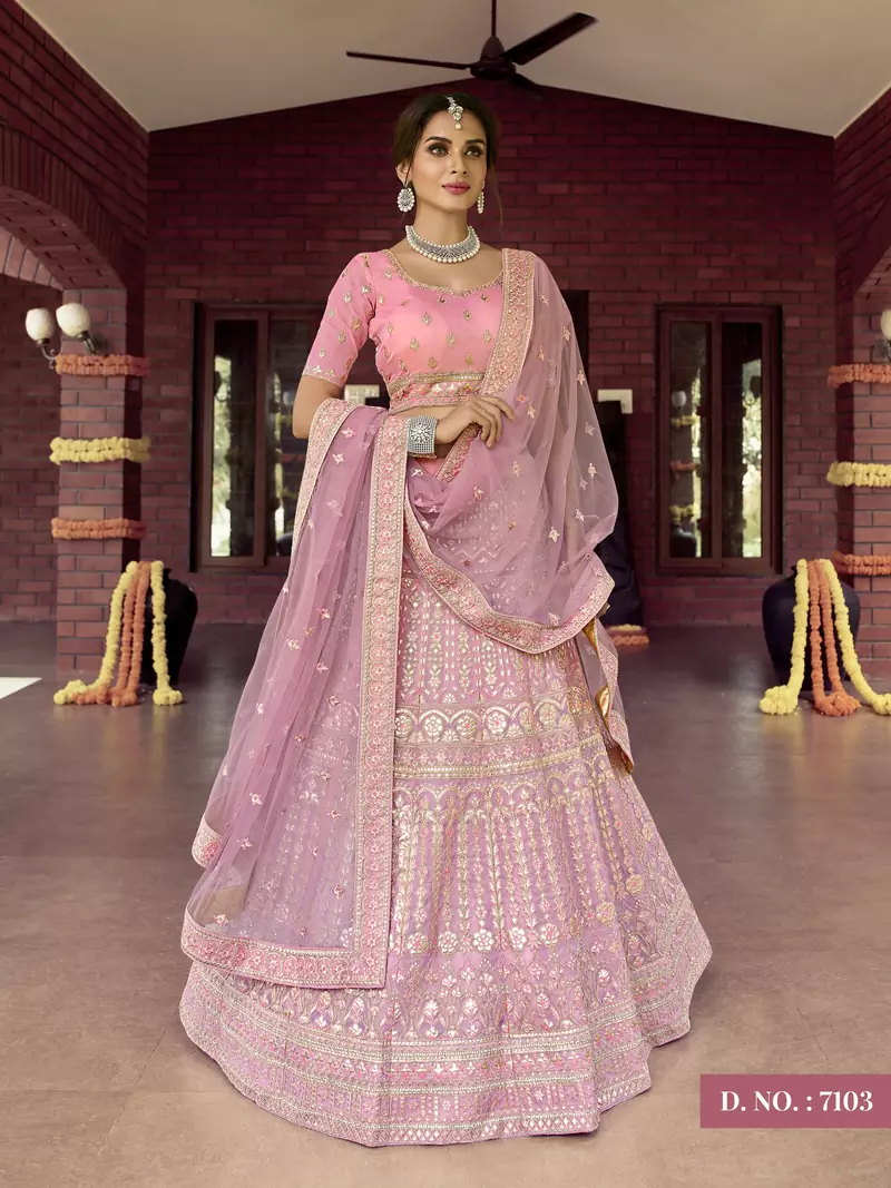 Catching Pink zarkan, gota, zari, and resham embroidered organza semi stitched wedding lehenga