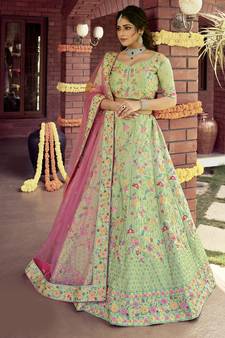 Delightful Green Spring sequins, zarkan, and resham embroidered raw silk semi stitched wedding lehenga