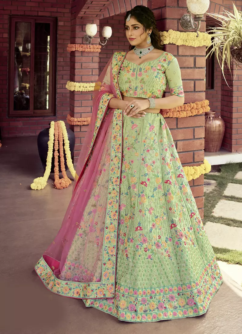 Delightful Green Spring sequins, zarkan, and resham embroidered raw silk semi stitched wedding lehenga