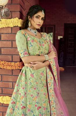 Delightful Green Spring sequins, zarkan, and resham embroidered raw Silk Semi Stitched wedding Lehenga 2