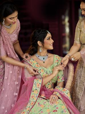 Delightful Green Spring sequins, zarkan, and resham embroidered raw Silk Semi Stitched wedding Lehenga 3