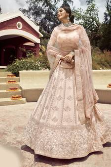 Bewitching Cashmere Beige gota, zarkan, and resham embroidered crepe semi stitched wedding lehenga