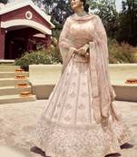 Bewitching Cashmere Beige gota, zarkan, and resham embroidered crepe Semi Stitched wedding Lehenga