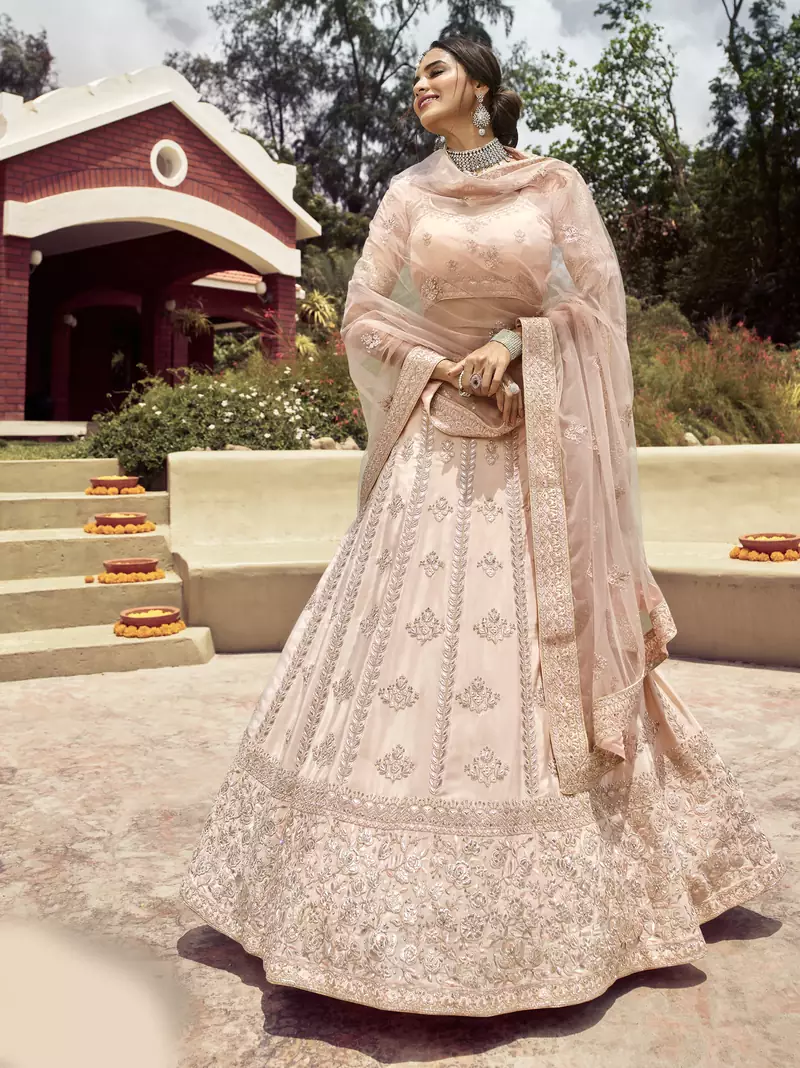 Bewitching Cashmere Beige gota, zarkan, and resham embroidered crepe semi stitched wedding lehenga