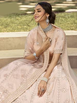Bewitching Cashmere Beige gota, zarkan, and resham embroidered crepe Semi Stitched wedding Lehenga 2