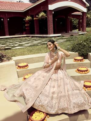 Bewitching Cashmere Beige gota, zarkan, and resham embroidered crepe Semi Stitched wedding Lehenga 3