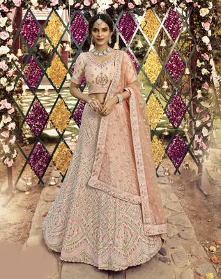 Fetching Almond Peach swarovski, zarkan, zari, and resham embroidered crepe Semi Stitched wedding Lehenga 1
