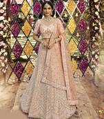 Fetching Almond Peach swarovski, zarkan, zari, and resham embroidered crepe Semi Stitched wedding Lehenga