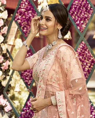 Fetching Almond Peach swarovski, zarkan, zari, and resham embroidered crepe Semi Stitched wedding Lehenga 2