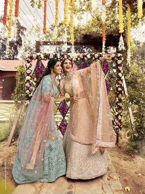 Fetching Almond Peach swarovski, zarkan, zari, and resham embroidered crepe Semi Stitched wedding Lehenga 3