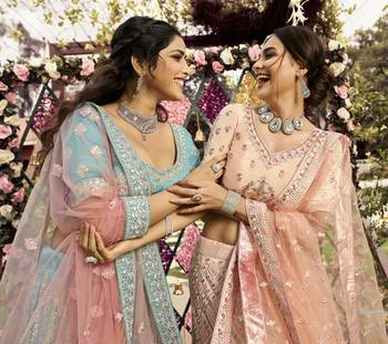Fetching Almond Peach swarovski, zarkan, zari, and resham embroidered crepe Semi Stitched wedding Lehenga 4