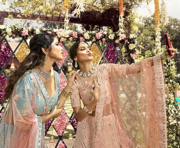 Fetching Almond Peach swarovski, zarkan, zari, and resham embroidered crepe Semi Stitched wedding Lehenga 5