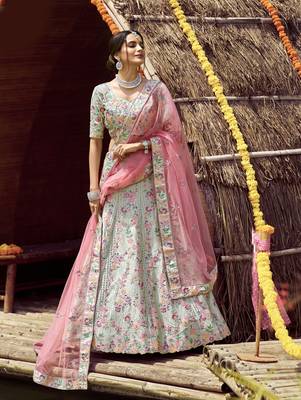 glamourous Green sequins, swarovski, zarkan, and resham embroidered satin semi stitched wedding lehenga 1