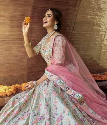 glamourous Green sequins, swarovski, zarkan, and resham embroidered satin semi stitched wedding lehenga 2