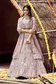 Glamorous Pink zarkan, zari, and dori embroidered velvet semi stitched wedding lehenga