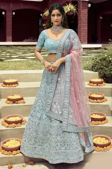 Graceful Turquoise zarkan, gota, and dori embroidered organza semi stitched wedding lehenga