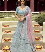 Graceful Turquoise zarkan, gota, and dori embroidered organza semi stitched wedding lehenga