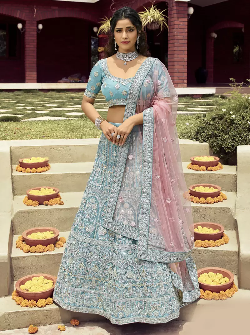 Graceful Turquoise zarkan, gota, and dori embroidered organza semi stitched wedding lehenga