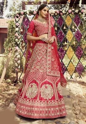 Charming Red zarkan, dori, and zari embroidered raw Silk Semi Stitched wedding Lehenga 1