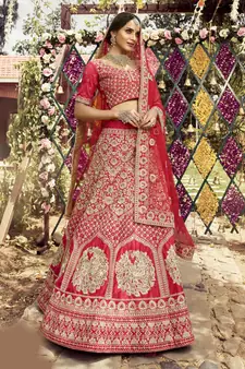 Charming Red zarkan, dori, and zari embroidered raw silk semi stitched wedding lehenga