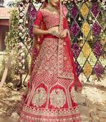 Charming Red zarkan, dori, and zari embroidered raw Silk Semi Stitched wedding Lehenga