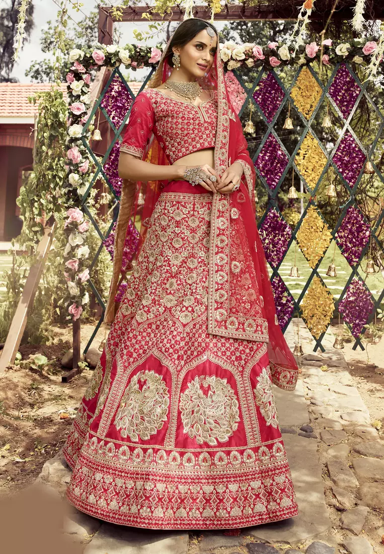 Charming Red zarkan, dori, and zari embroidered raw silk semi stitched wedding lehenga