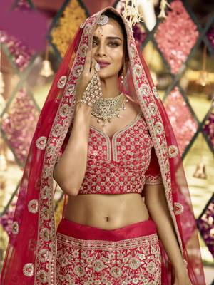 Charming Red zarkan, dori, and zari embroidered raw Silk Semi Stitched wedding Lehenga 2