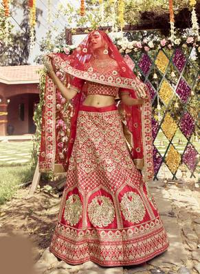 Charming Red zarkan, dori, and zari embroidered raw Silk Semi Stitched wedding Lehenga 3