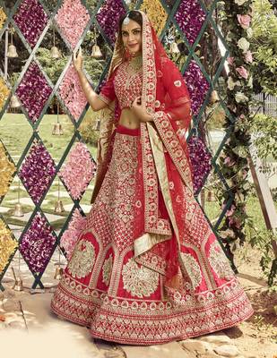 Charming Red zarkan, dori, and zari embroidered raw Silk Semi Stitched wedding Lehenga 4