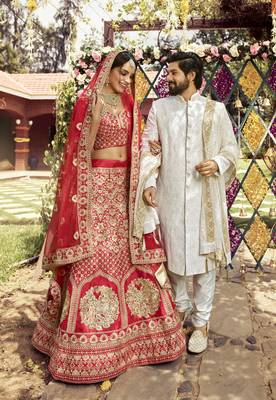 Charming Red zarkan, dori, and zari embroidered raw Silk Semi Stitched wedding Lehenga 5